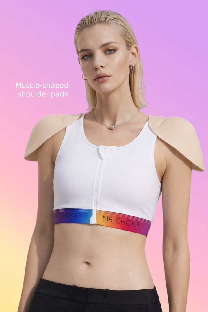White 2-in-1 cosplay binder with removable shoulder pads and rainbow underbust band