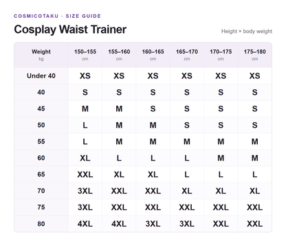 Cosplay Waist Trainer size guide: height and body weight table for XS to 4XL