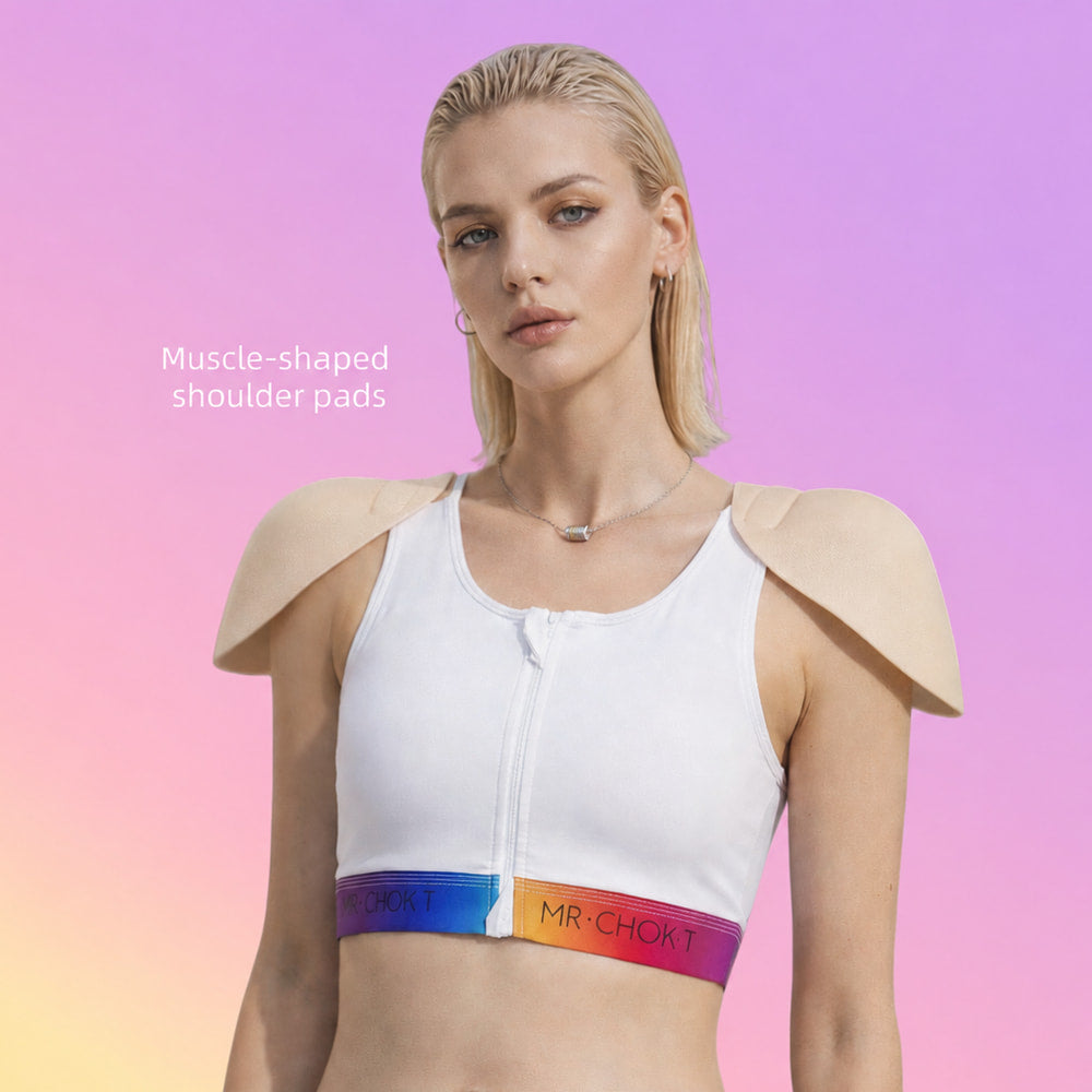 White 2-in-1 cosplay binder with removable shoulder pads and rainbow underbust band